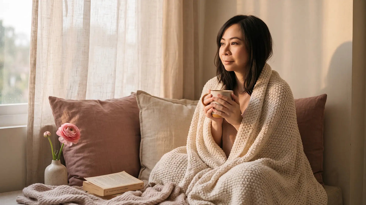 Calm woman wrapped in a blanket with tea, at peace after being called too sensitive