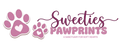 Logo of Sweeties Pawprints with pink paw prints and text on a transparent background