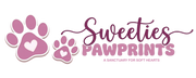Logo of Sweeties Pawprints with pink paw prints and text on a transparent background